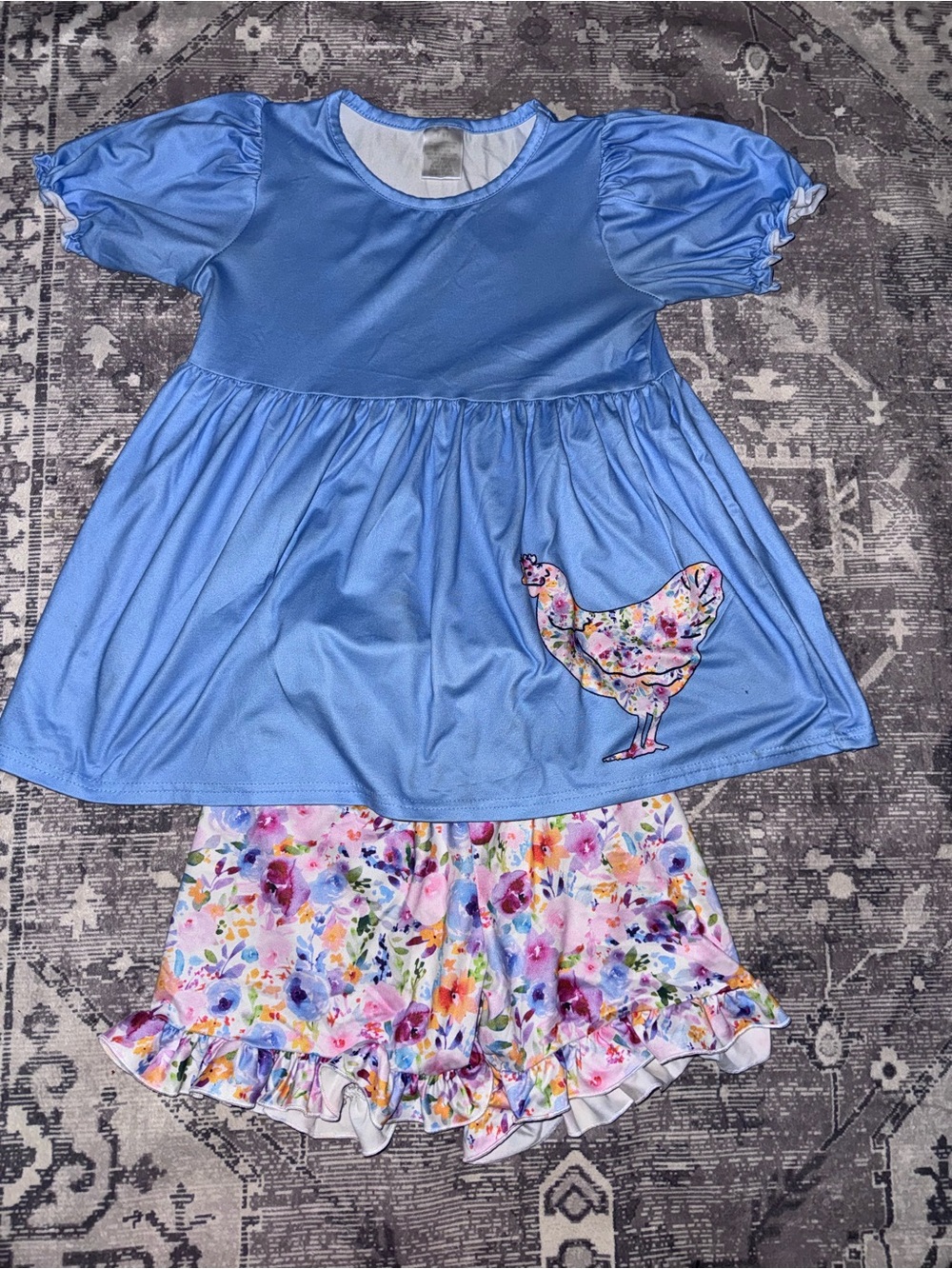 Blue Short Sleeve Dressy Top with Floral Chicken Applique